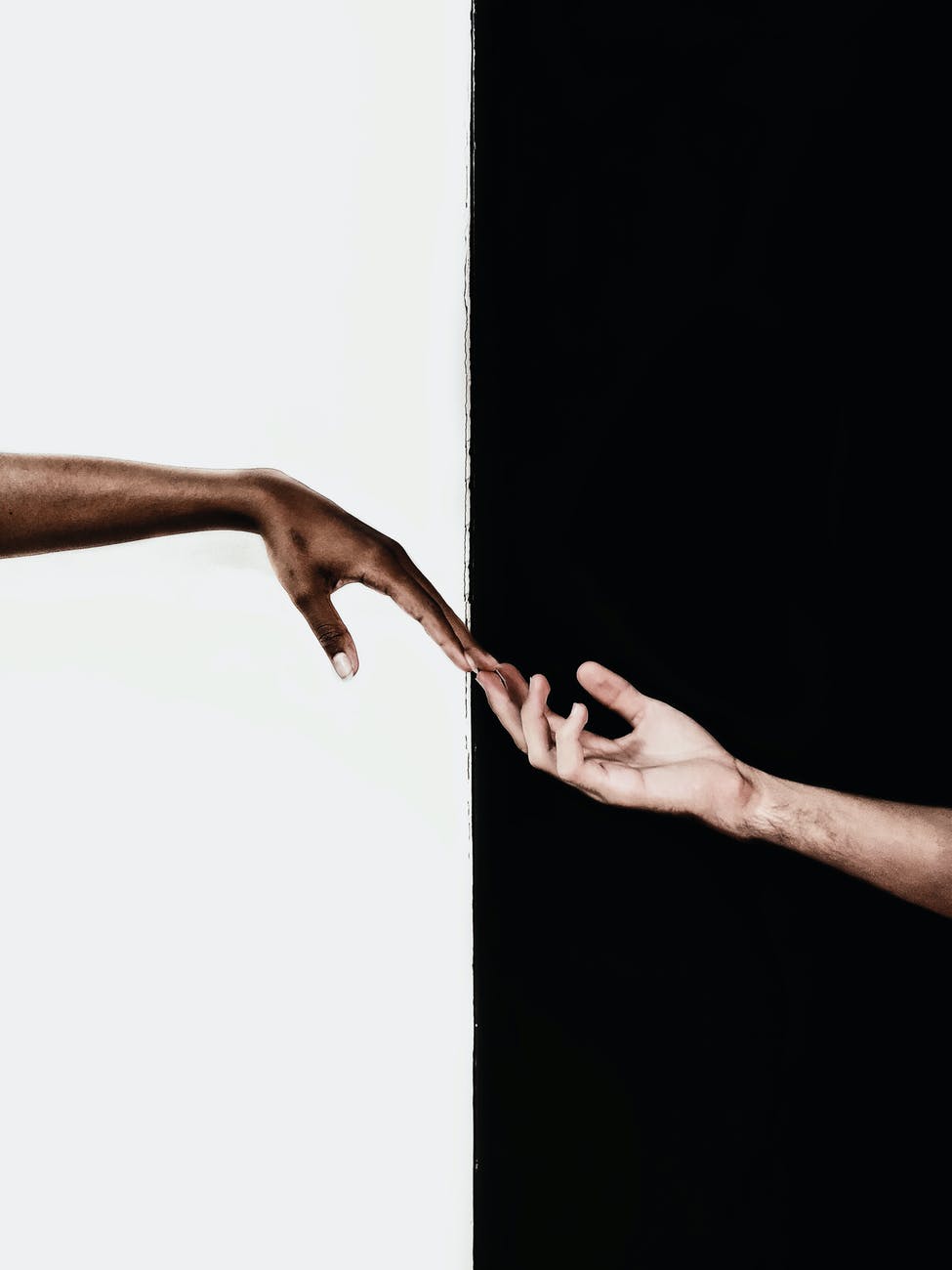 hands in front of white and black background